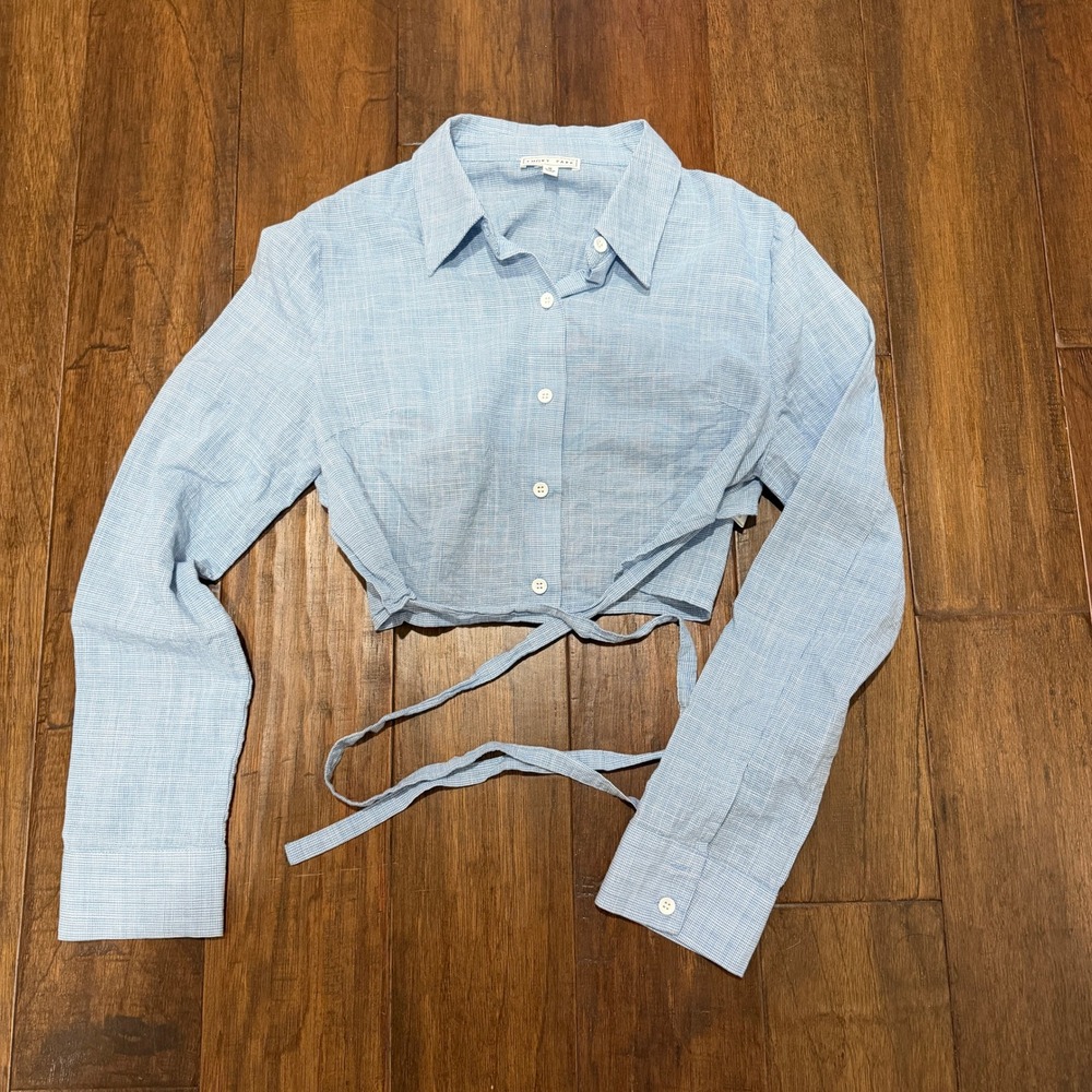 Emory‎ Park Light Blue Gingham Cropped Tie Waist Open Back Shirt Size Medium